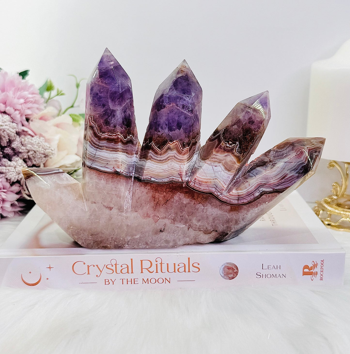 Incredible & Absolutely Gorgeous Large 20cm (length) Amethyst X Mexican Lace Agate 4 Point Tower Just Spectacular