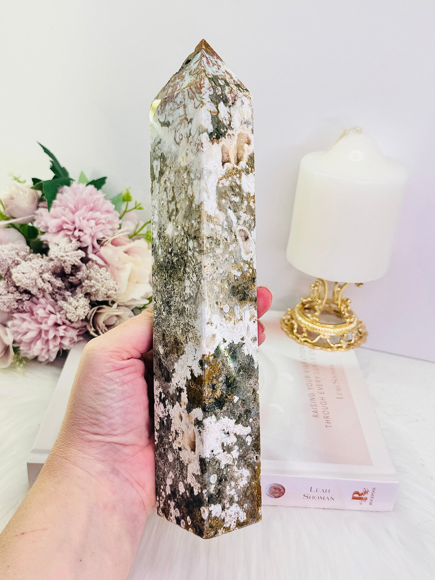 Large Chunky 24cm 793gram Druzy Orbicular Ocean Jasper Tower