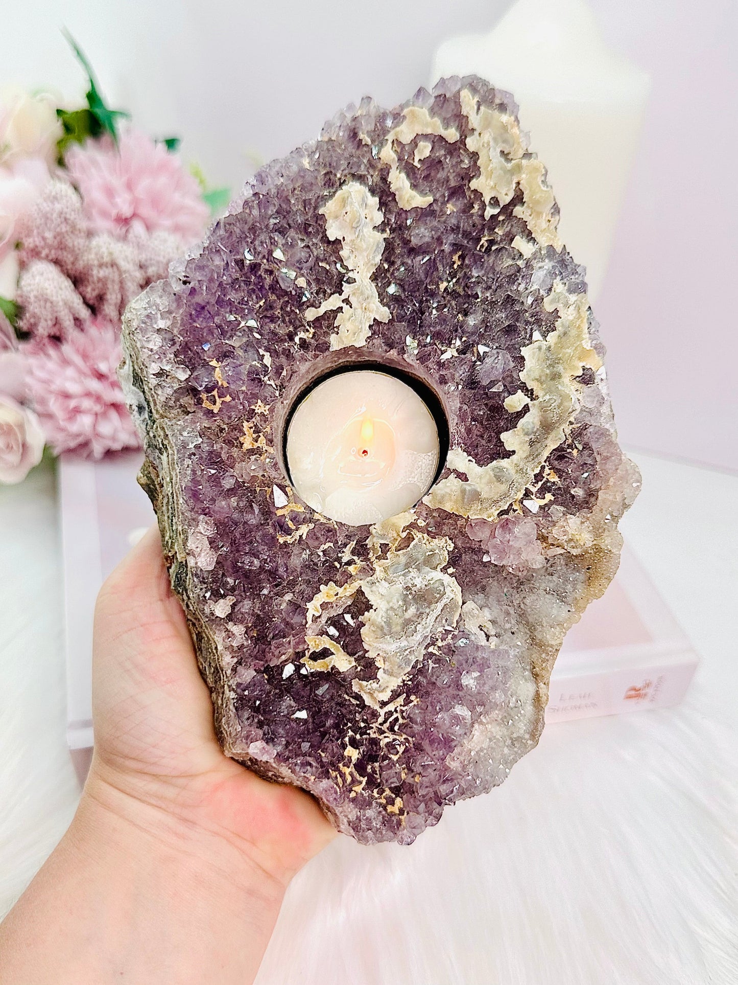 Large 1.26KG 20cm Amethyst Cluster Candle Holder With Calcite Inclusions From Brazil