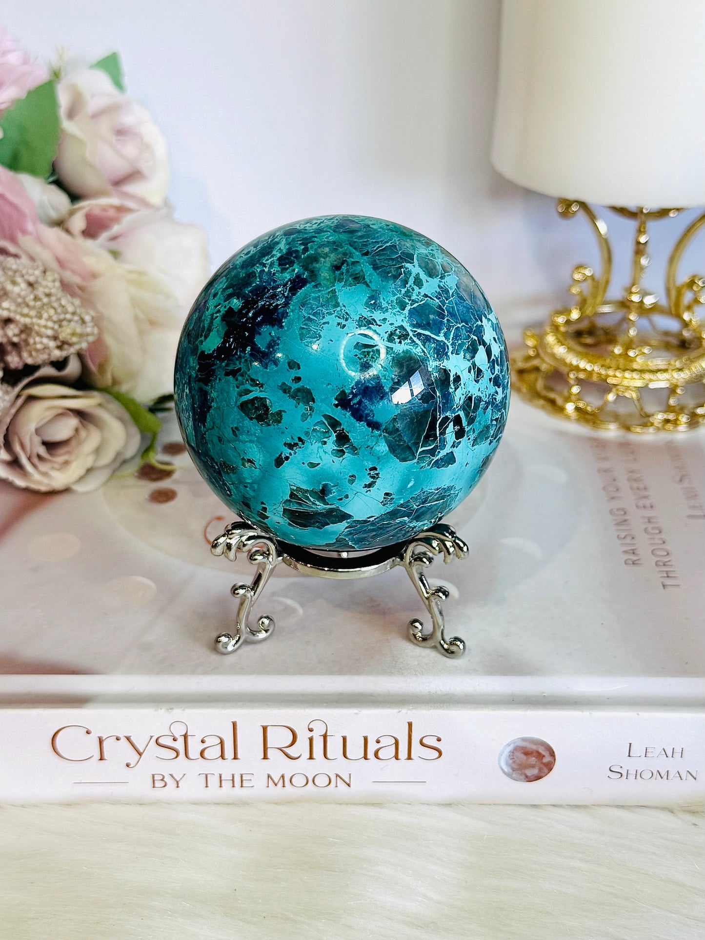 Absolutely Incredible High Grade Chrysocolla Sphere on Stand 399grams