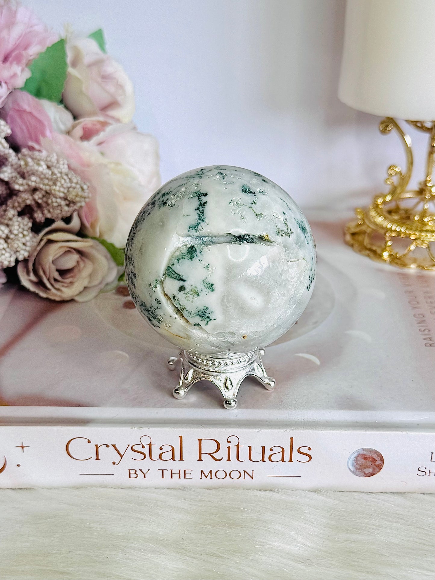 Peace & Tranquility ~ Moss Agate Sphere 269grams On Stand (Sphere has imperfections see pics)