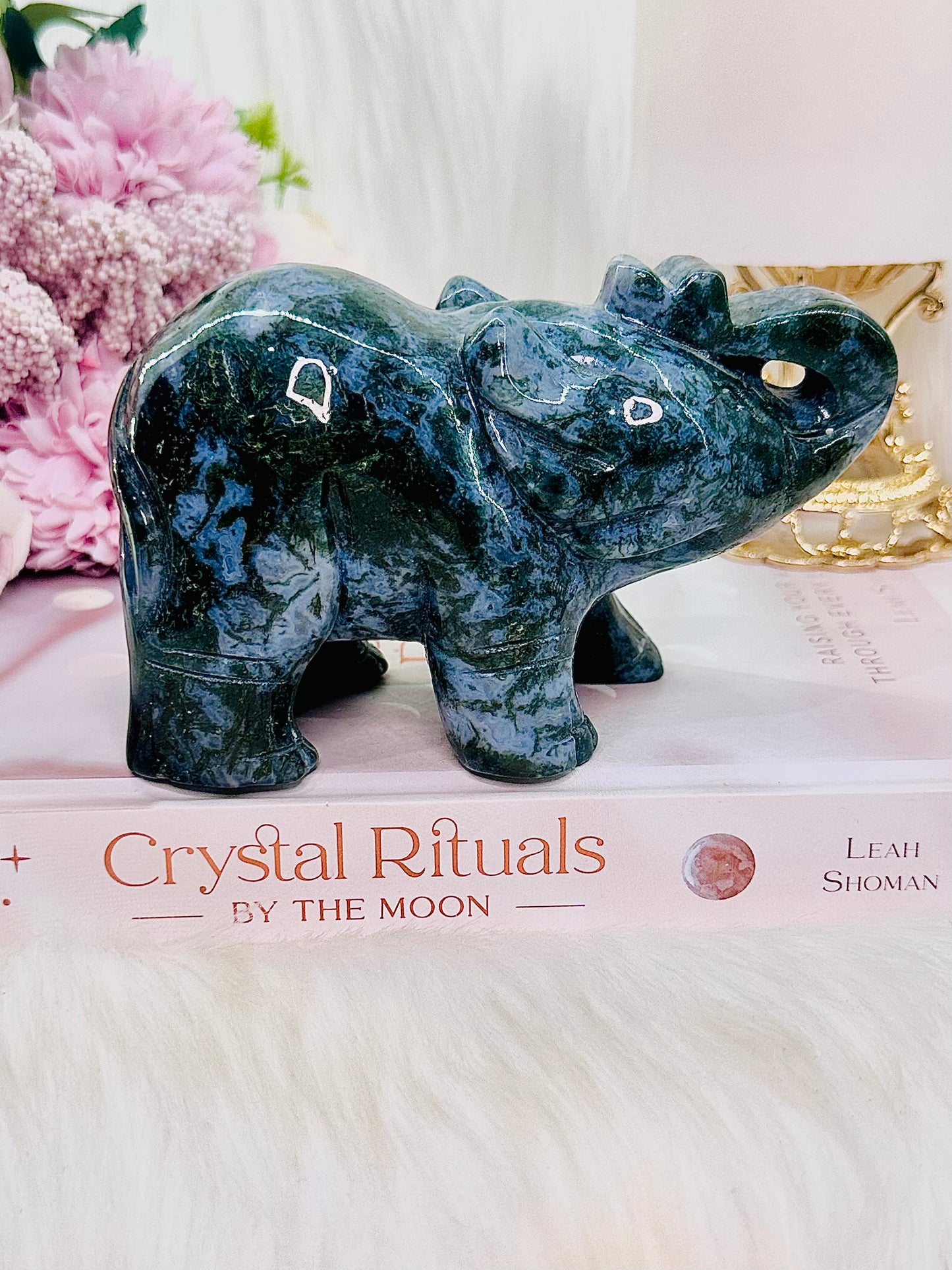 Large 635gram 13cm Blue & Green Moss Agate Carved Elephant