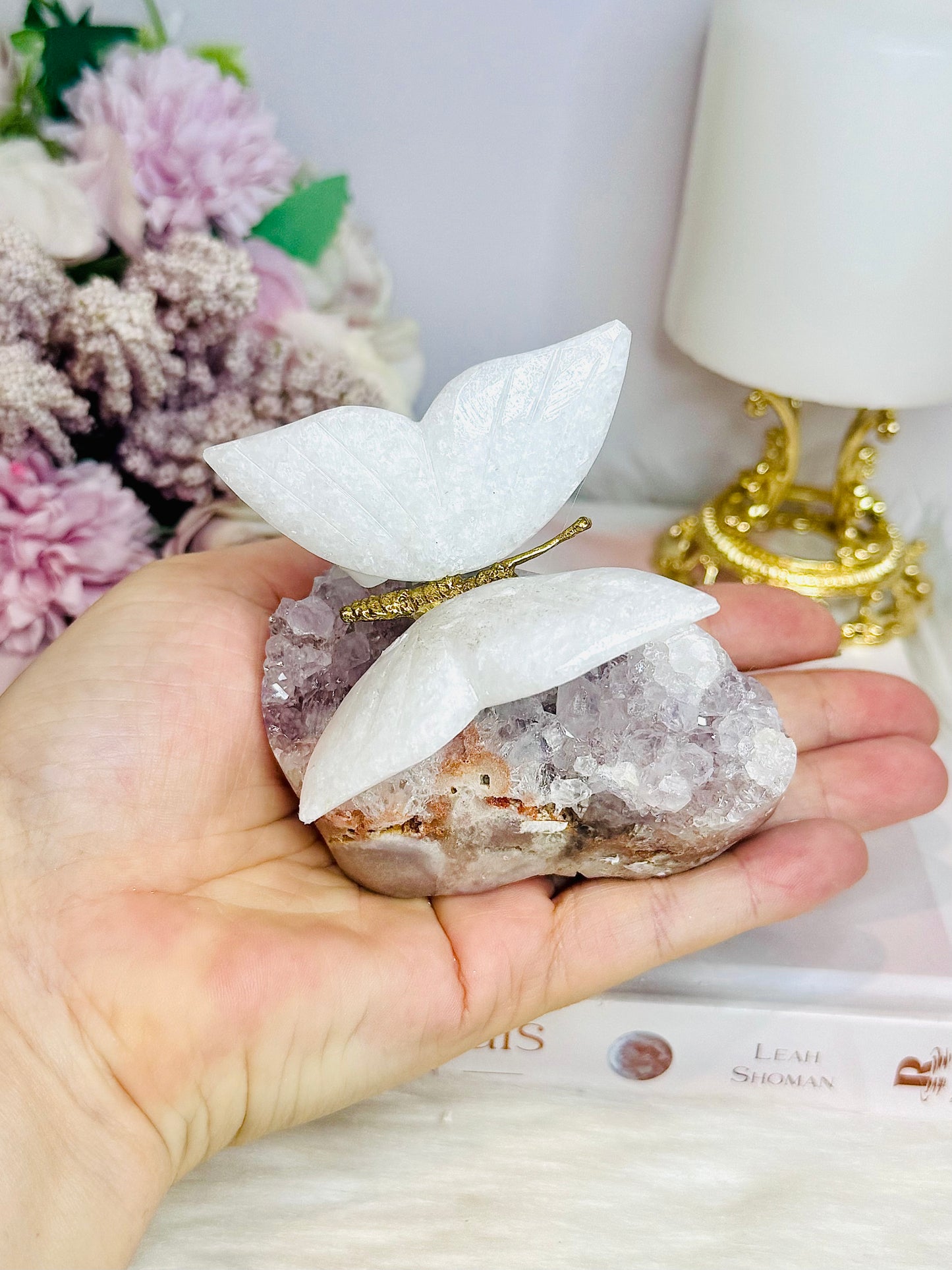 Chunky Pink Amethyst Cluster with White Jade Butterfly