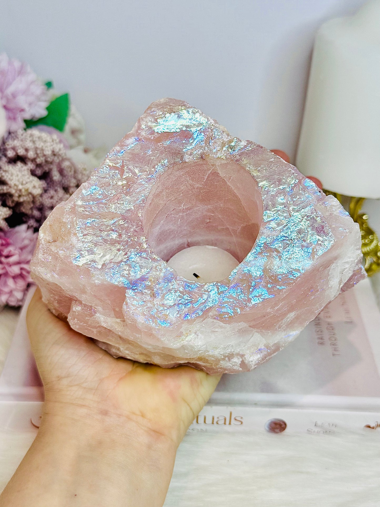 Large Chunky 1.2KG 14cm Angel Aura Rose Quartz Candle Holder