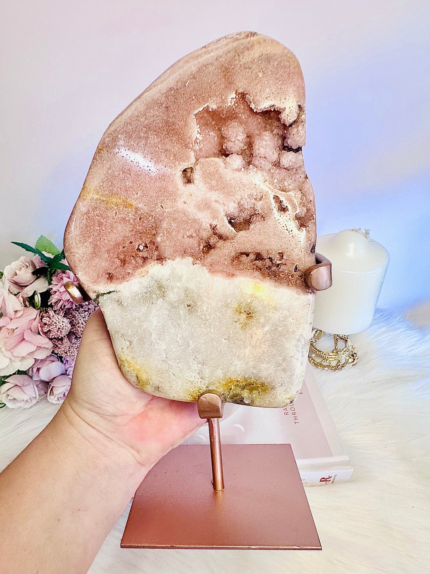 Large 1.34KG 27cm Pink Amethyst Natural Chunky Druzy Slab On Rose Gold Stand From Brazil