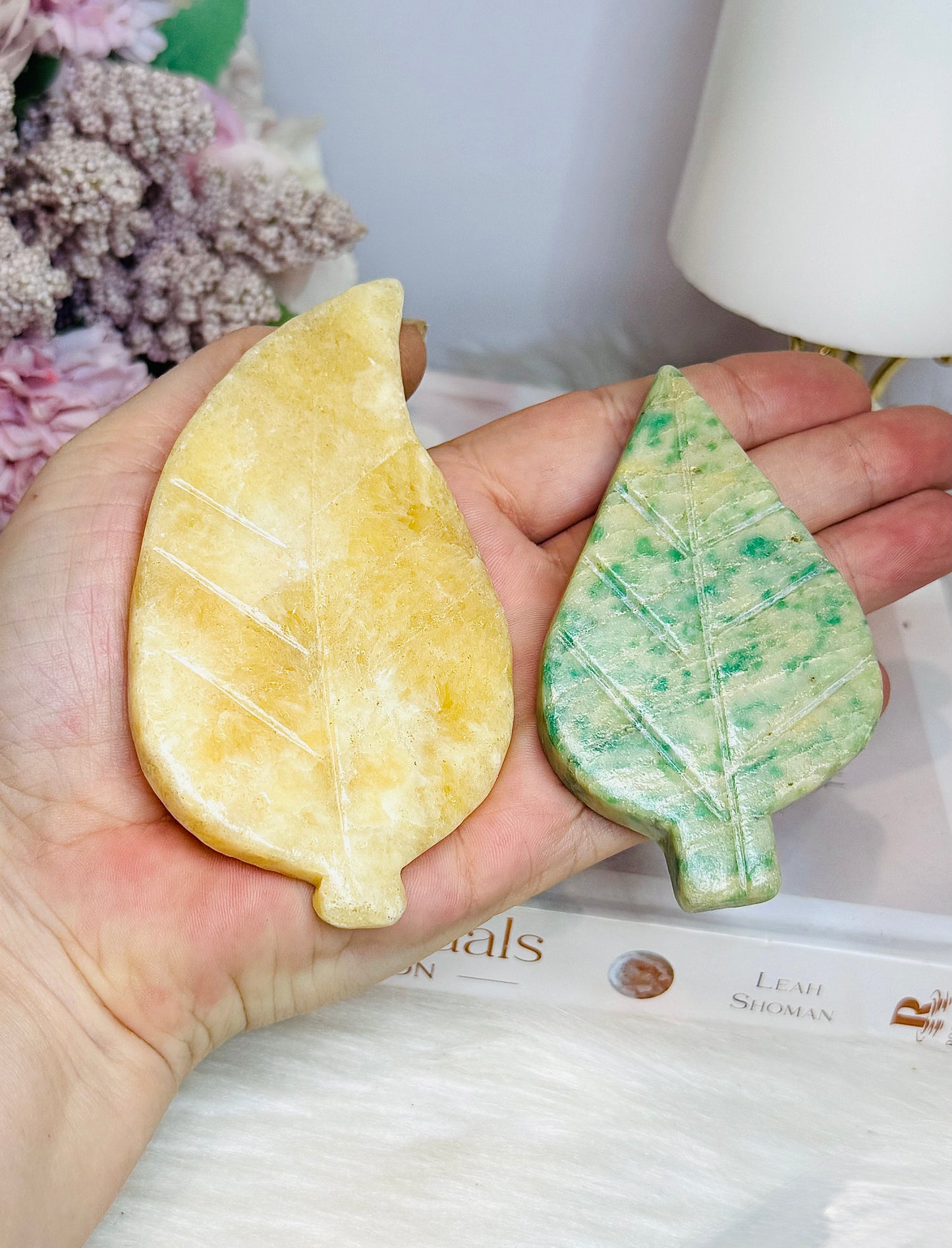 Set of 2 Leaf Carvings ~ Orange Calcite & Green Jade