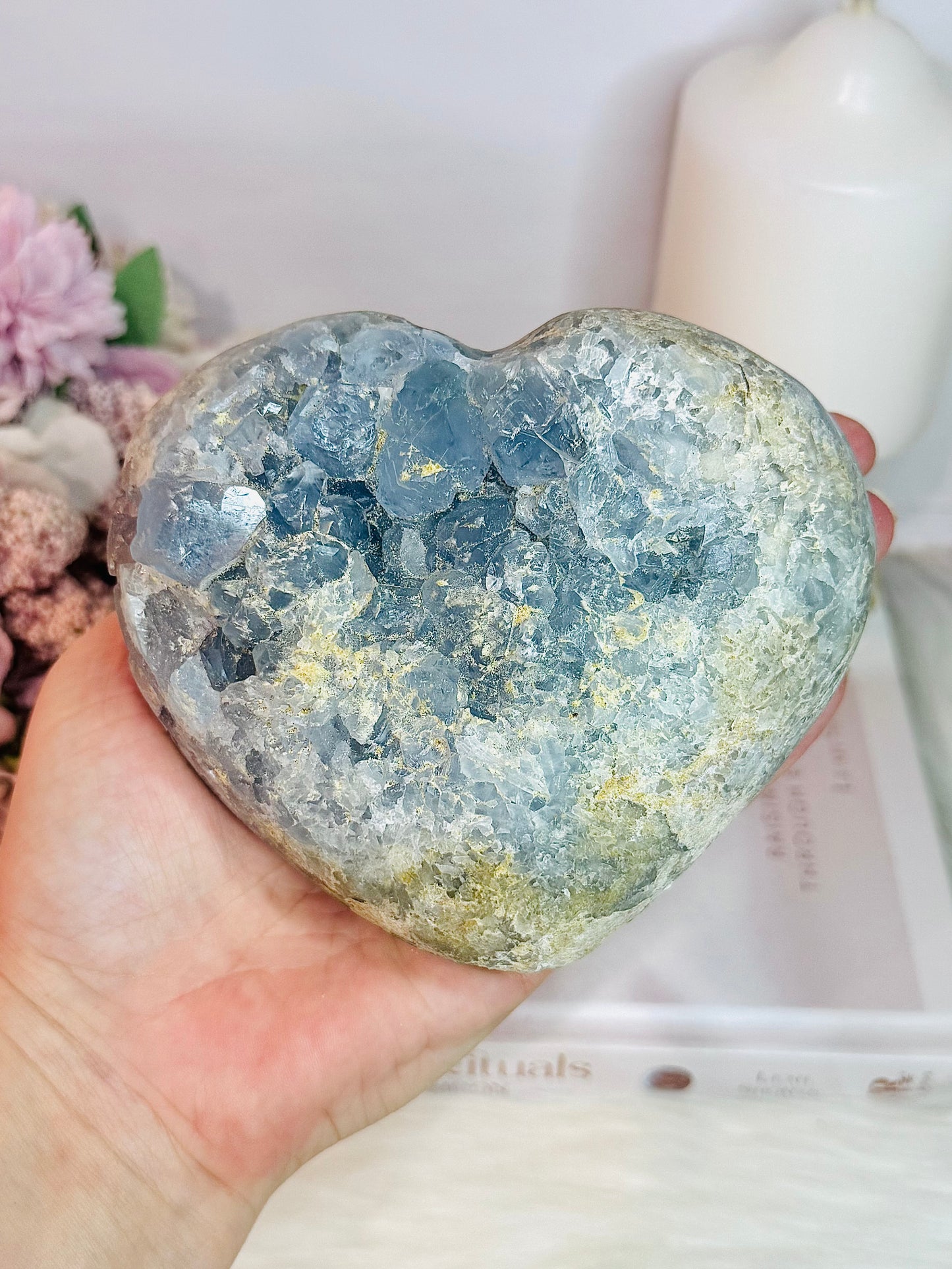 Stunning Large 1.3KG Natural Blue Celestite Cluster Carved Heart
