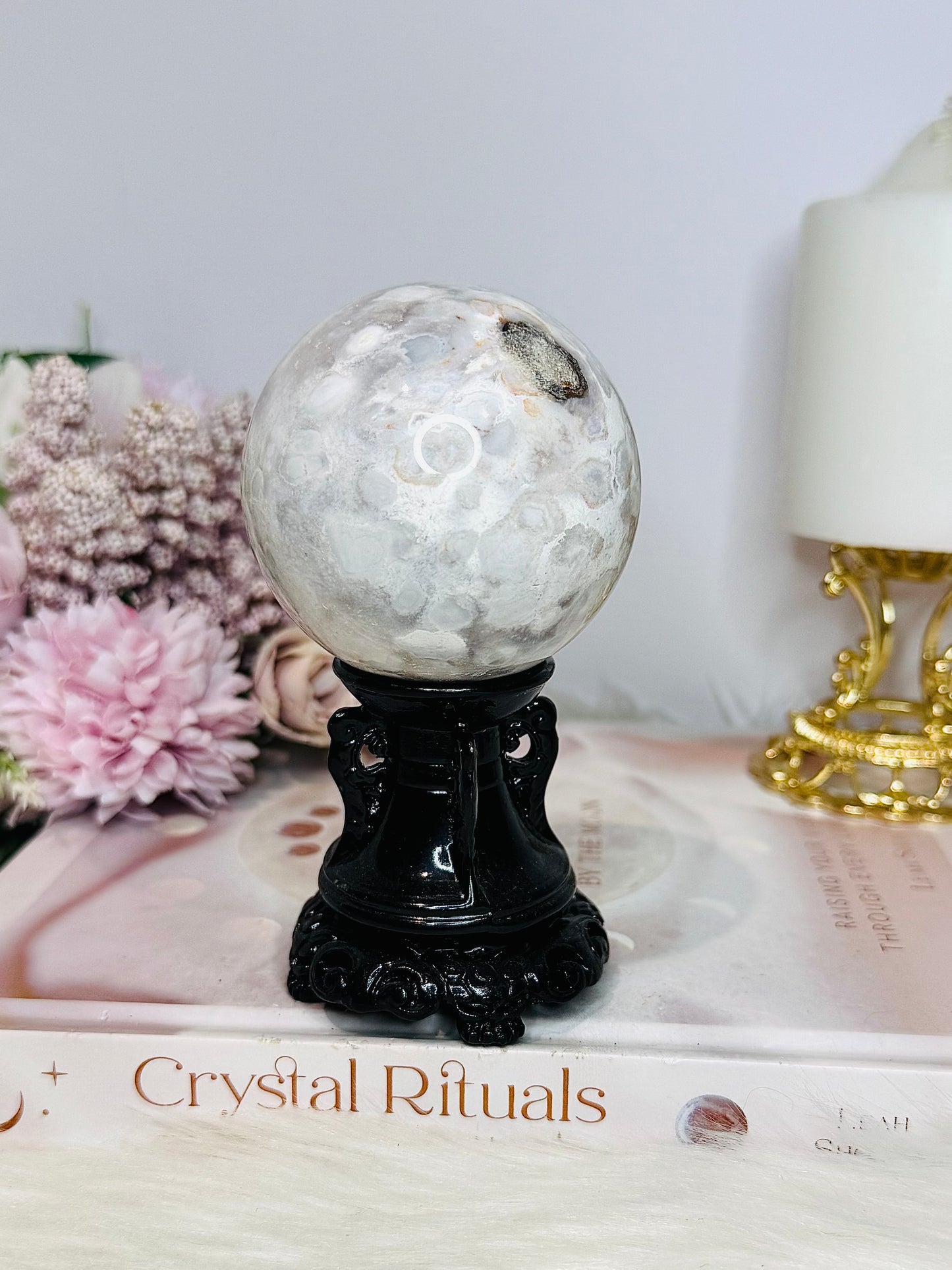 Pink Amethyst Druzy Sphere on Black Stand 381Grams