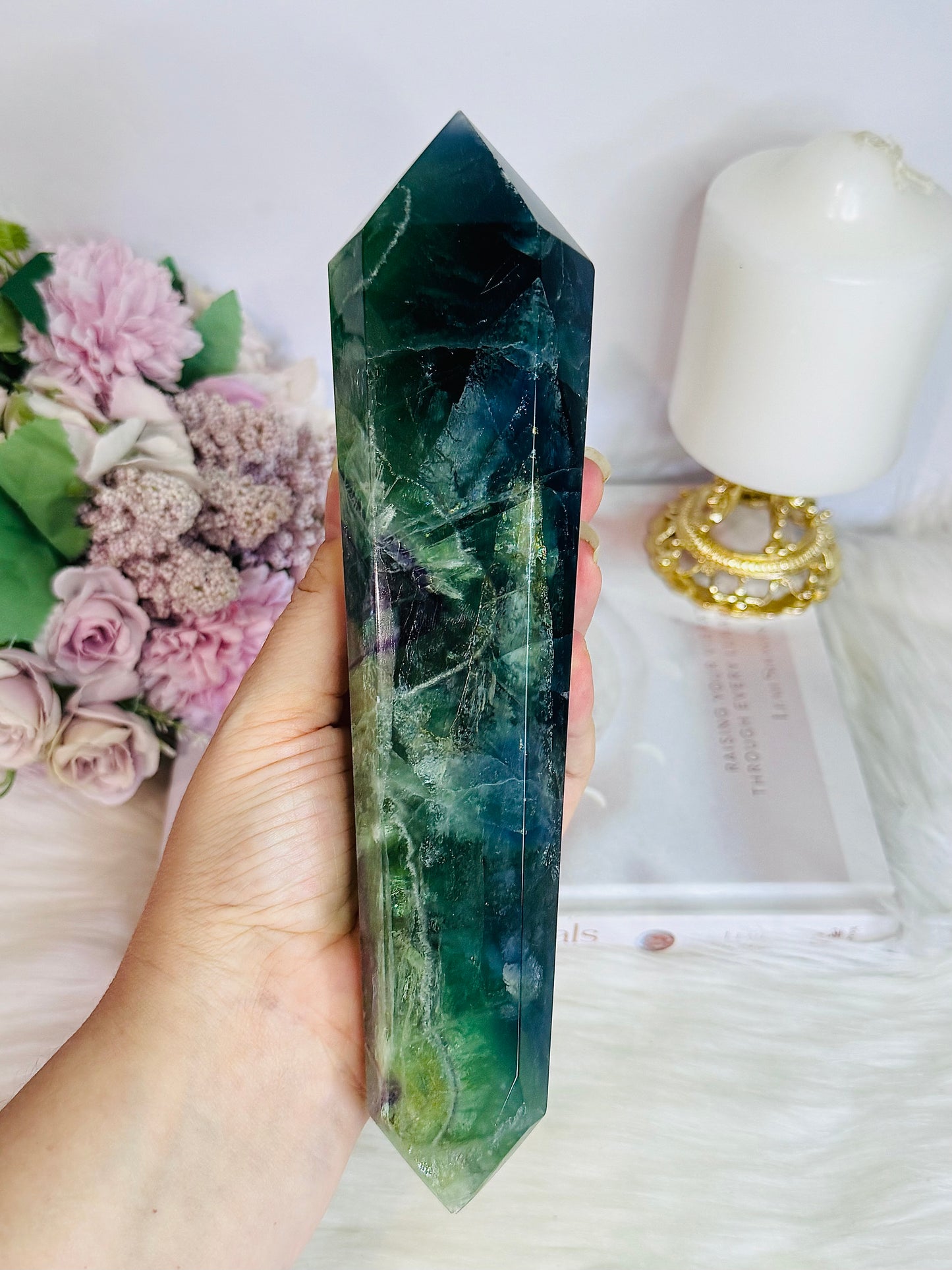 Huge Fluorite Double Terminated Point Full of Rainbows On Timber Stand 1.12KG 23cm