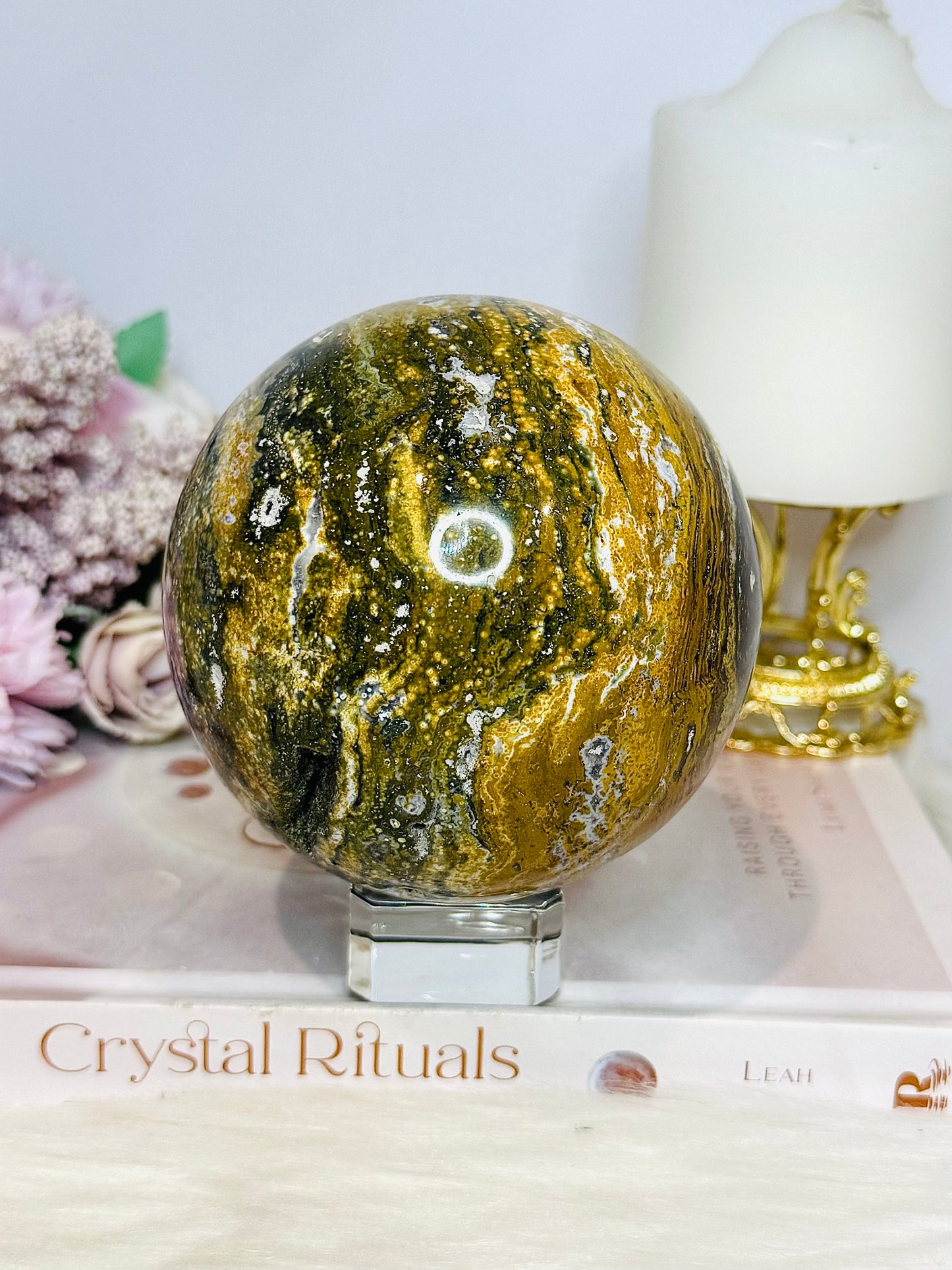 Large Ocean Jasper Orbicular Druzy Sphere On Stand 1.2KG