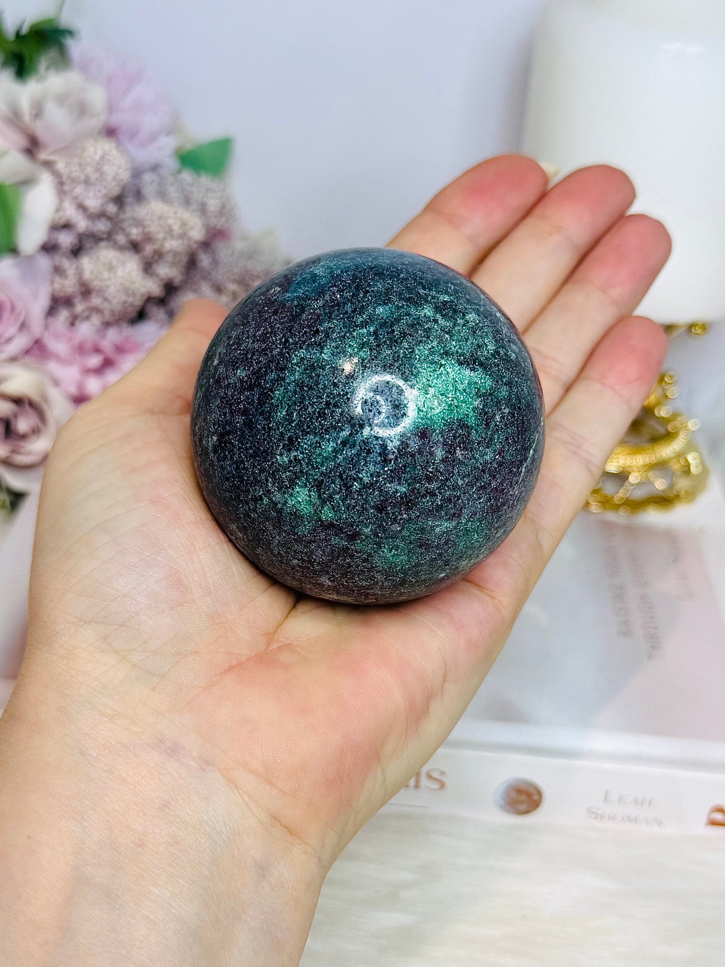 Ruby in Kyanite (UV Reactive) Sphere on Timber Stand 447g