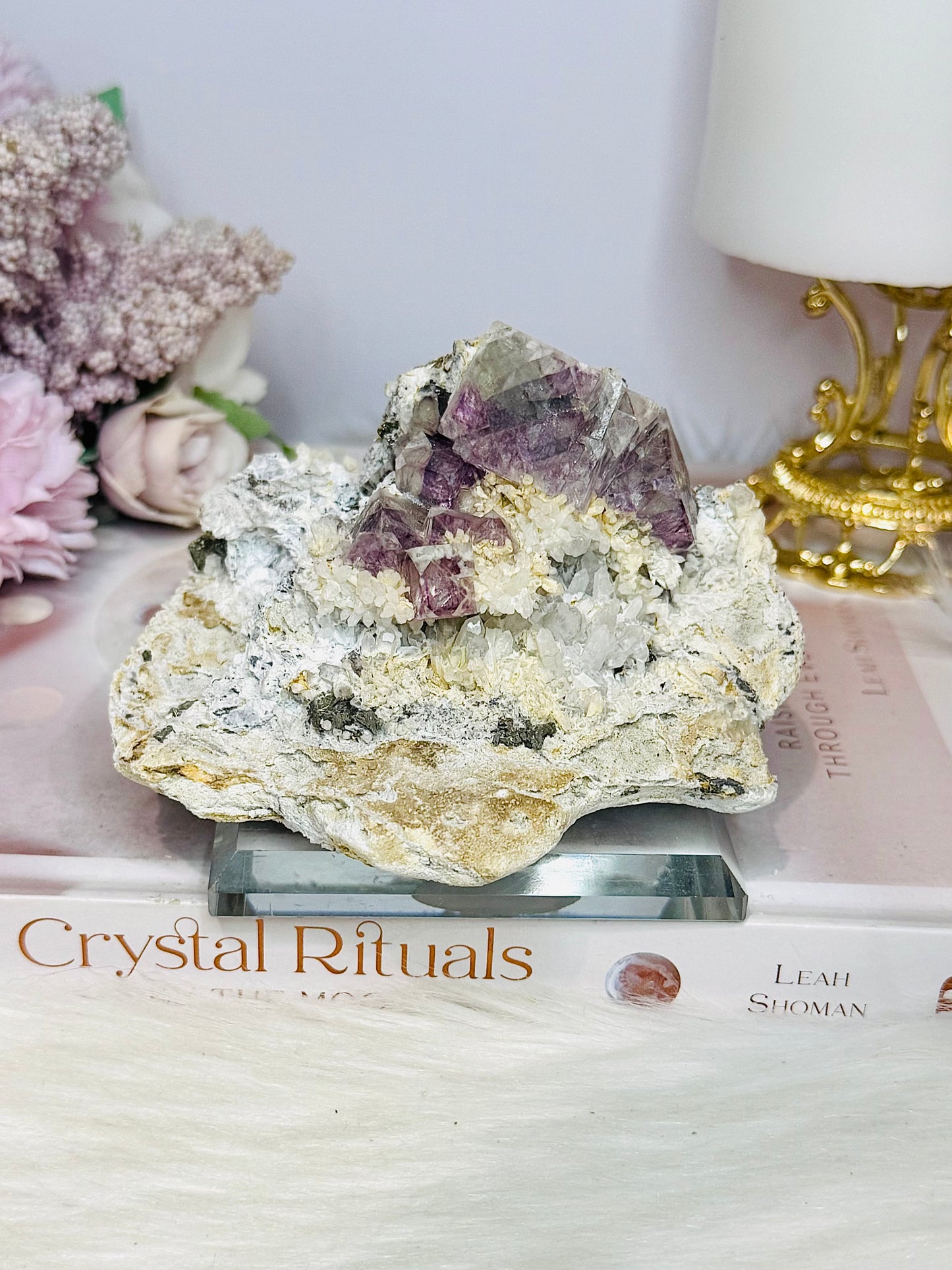 ✨ A Collectors Piece ✨ Natural Cubed Fluorite On Matrix Specimen From Mexico 703grams ~ Specimen is on Glass Stand
