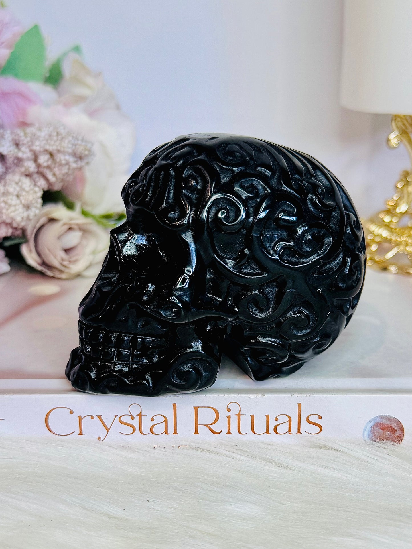 Black Obsidian Filigree Carved Skull 9cm 417g