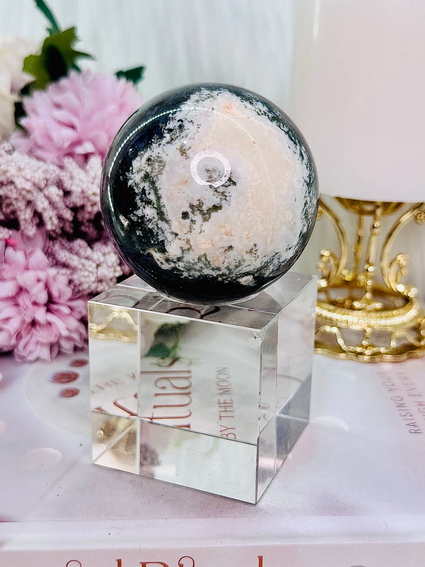 Peace & Tranquility ~ Beautiful Moss Agate Sphere On Stand 291grams (Glass stand in pic is display only)