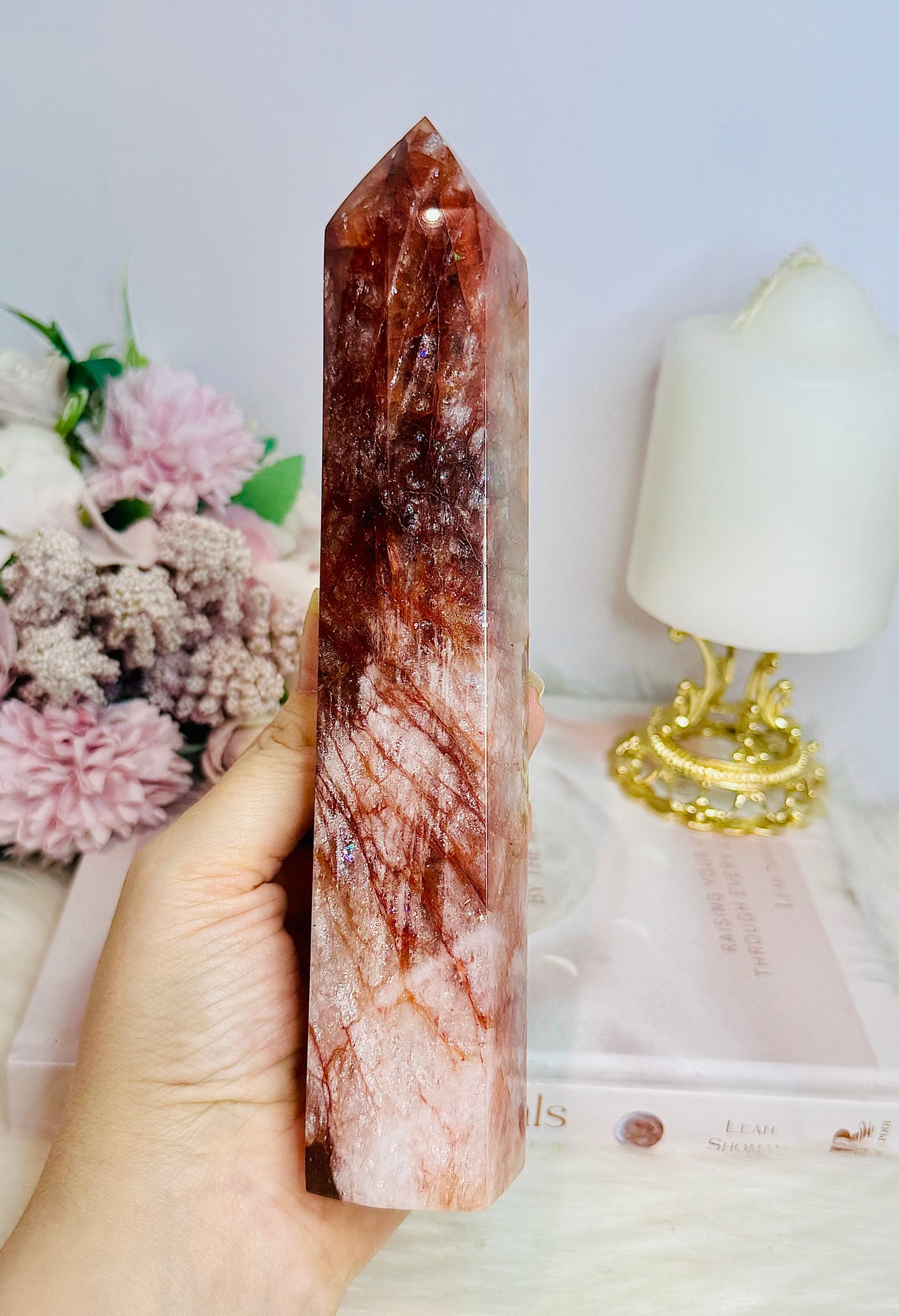Large Red Fire Quartz Tower 20.5cm with Rainbows