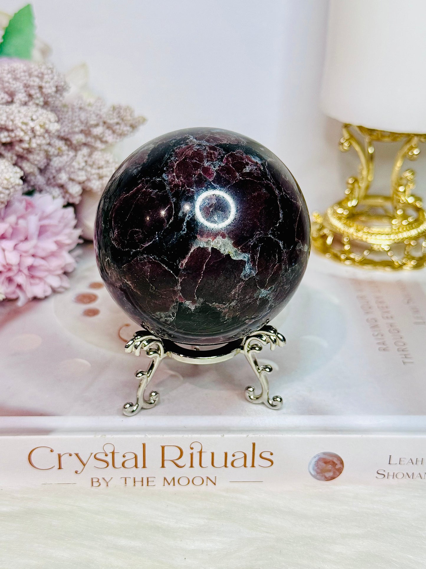 Large Garnet In Astrophyllite Sphere on Stand 532grams