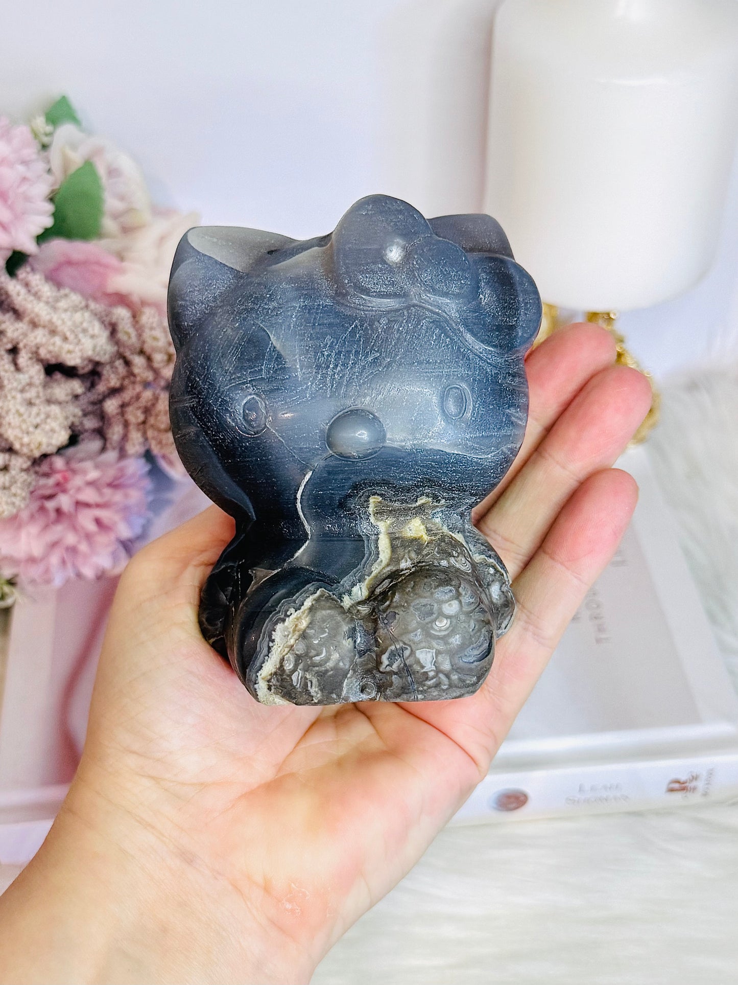 Large Volcanic Agate Carved Hello Kitty 646grams UV Reactive