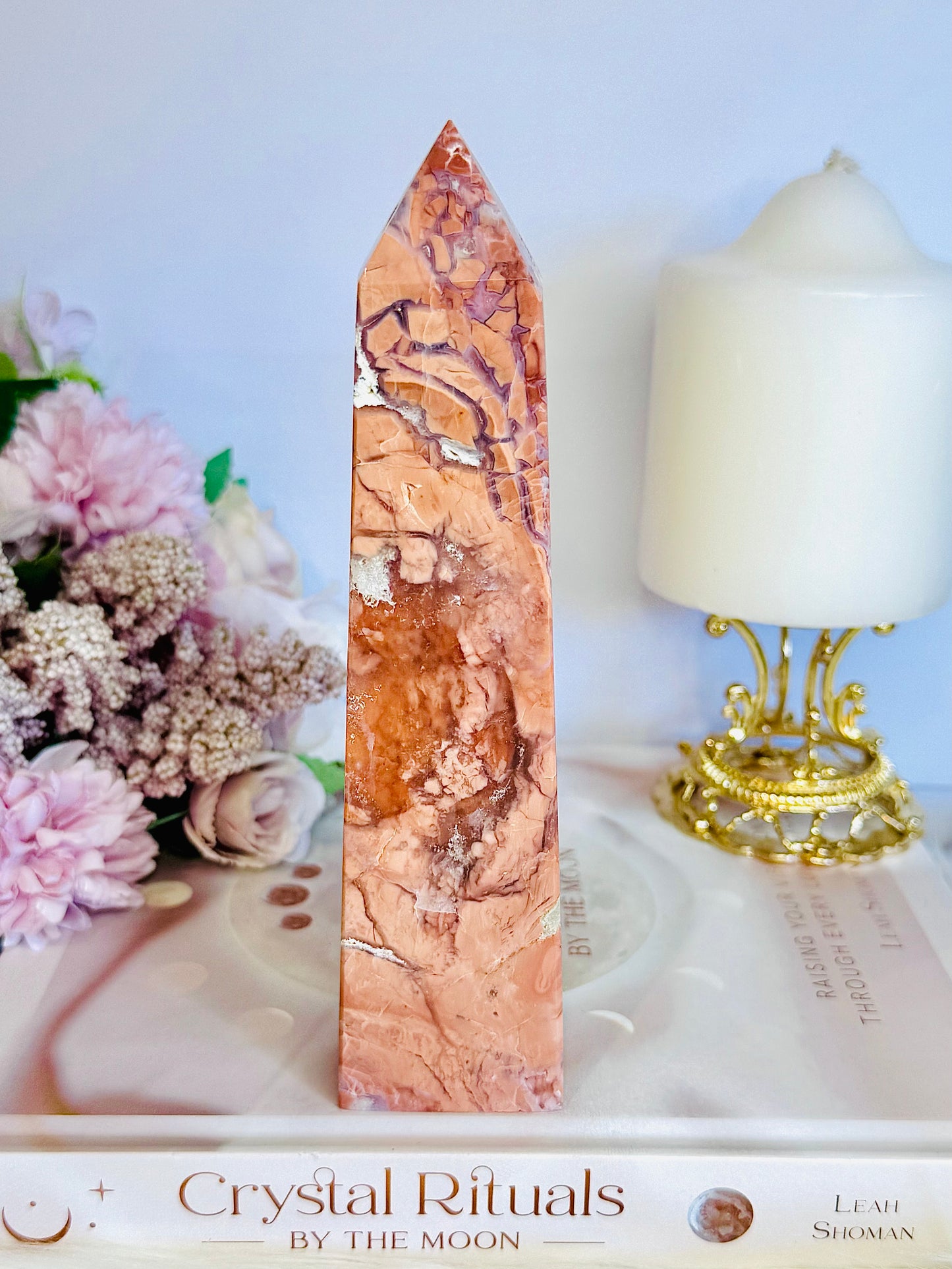 Gorgeous Large 16.5cm Natural Pink Cotton Candy Agate Carved Tower