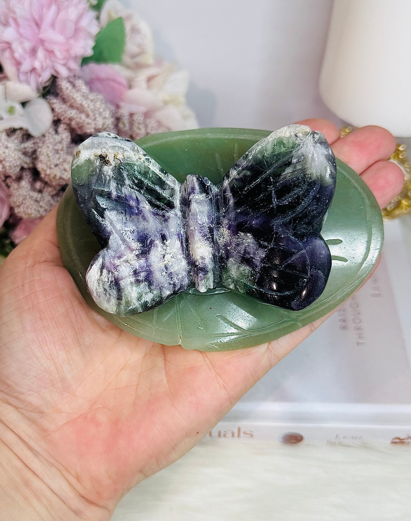 Large Rainbow Fluorite Carved Butterfly On Green Aventurine Lillypad / Leaf 10cm
