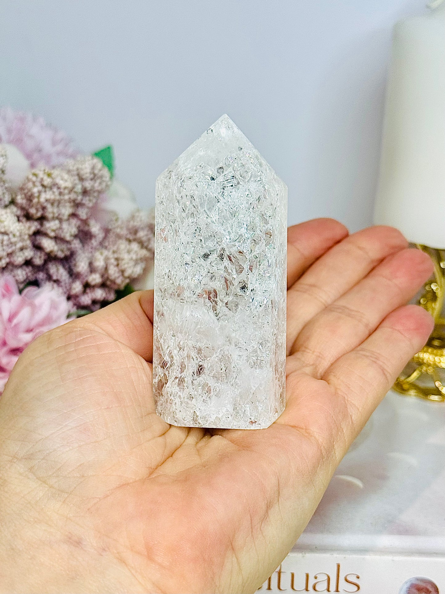 Fire & Ice / Crackle Clear Quartz Tower 8cm