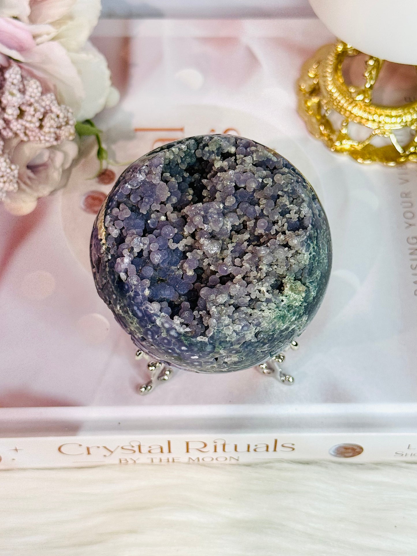 Phenomenally Gorgeous Natural Large Grape Agate Sphere 374grams On Stand