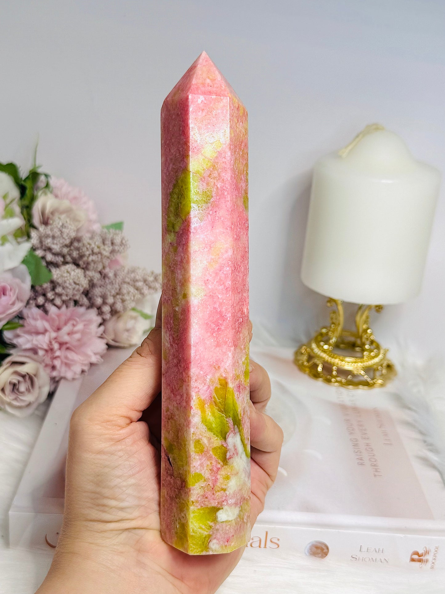 Rare Large Thulite Tower with Epidote Inclusions 19cm