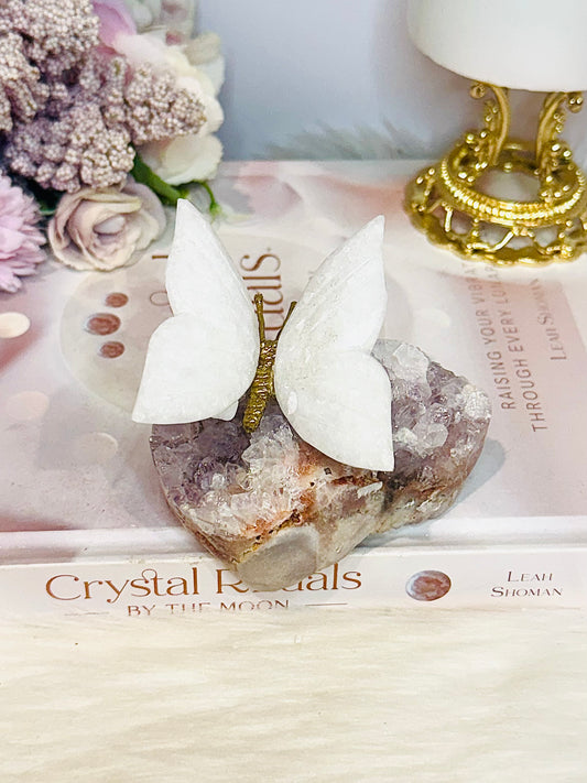 Chunky Pink Amethyst Cluster with White Jade Butterfly