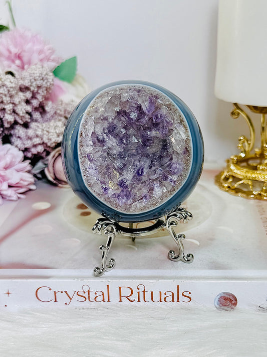 High Grade Druzy Amethyst | Agate Sphere on Stand 475g