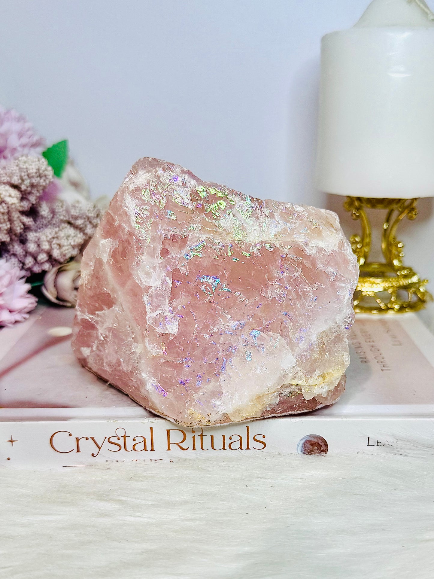 Large Chunky 1.2KG 14cm Angel Aura Rose Quartz Candle Holder
