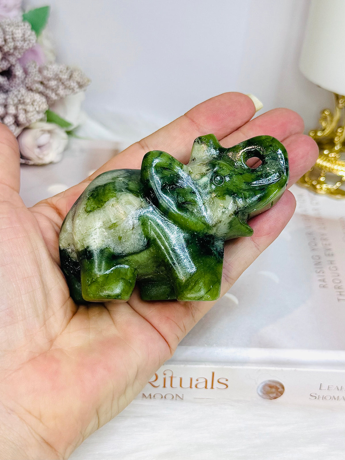 Green Jade Carved Elephant 8cm