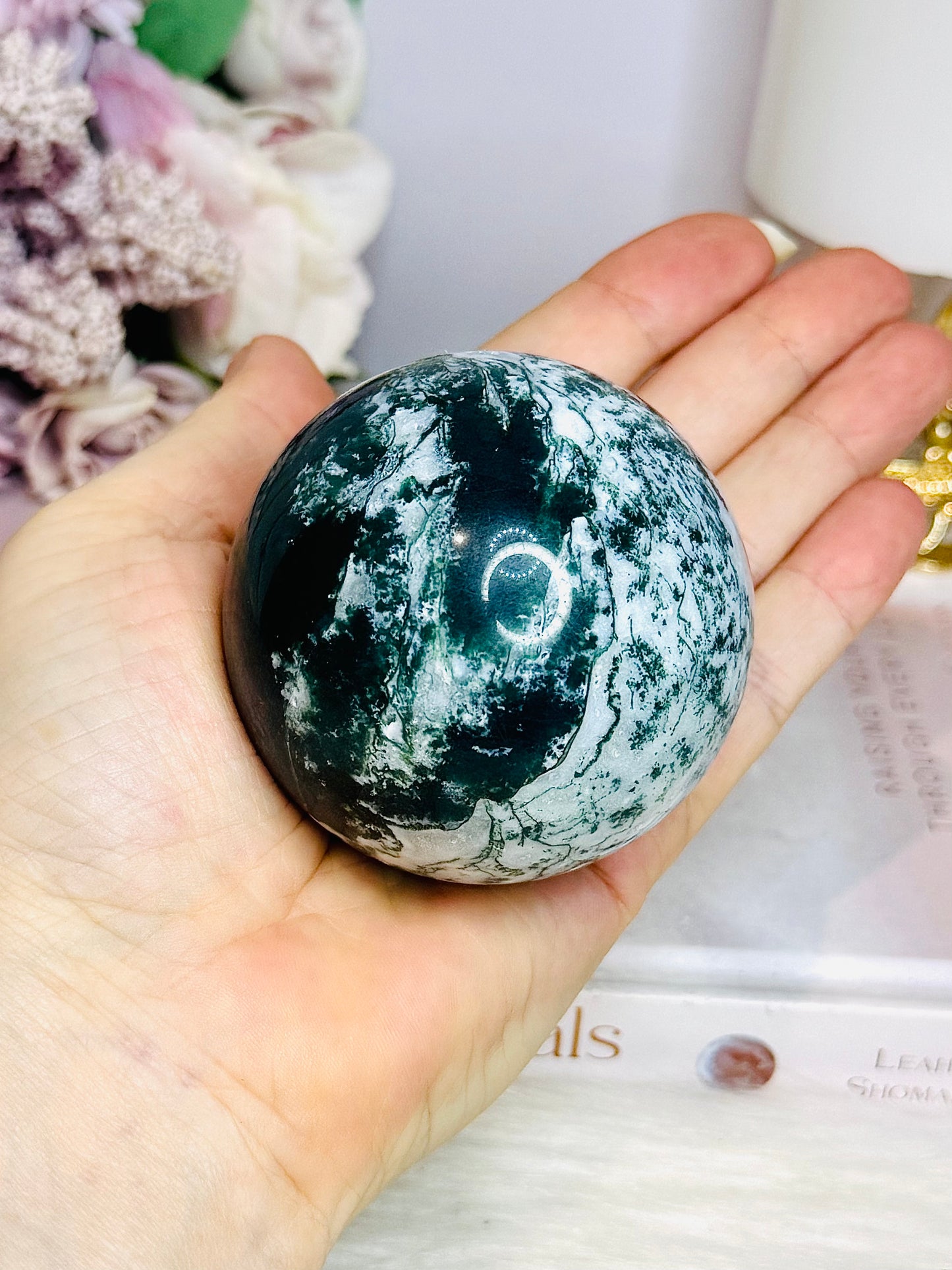 Large Moss Agate Druzy Sphere On Stand 344g