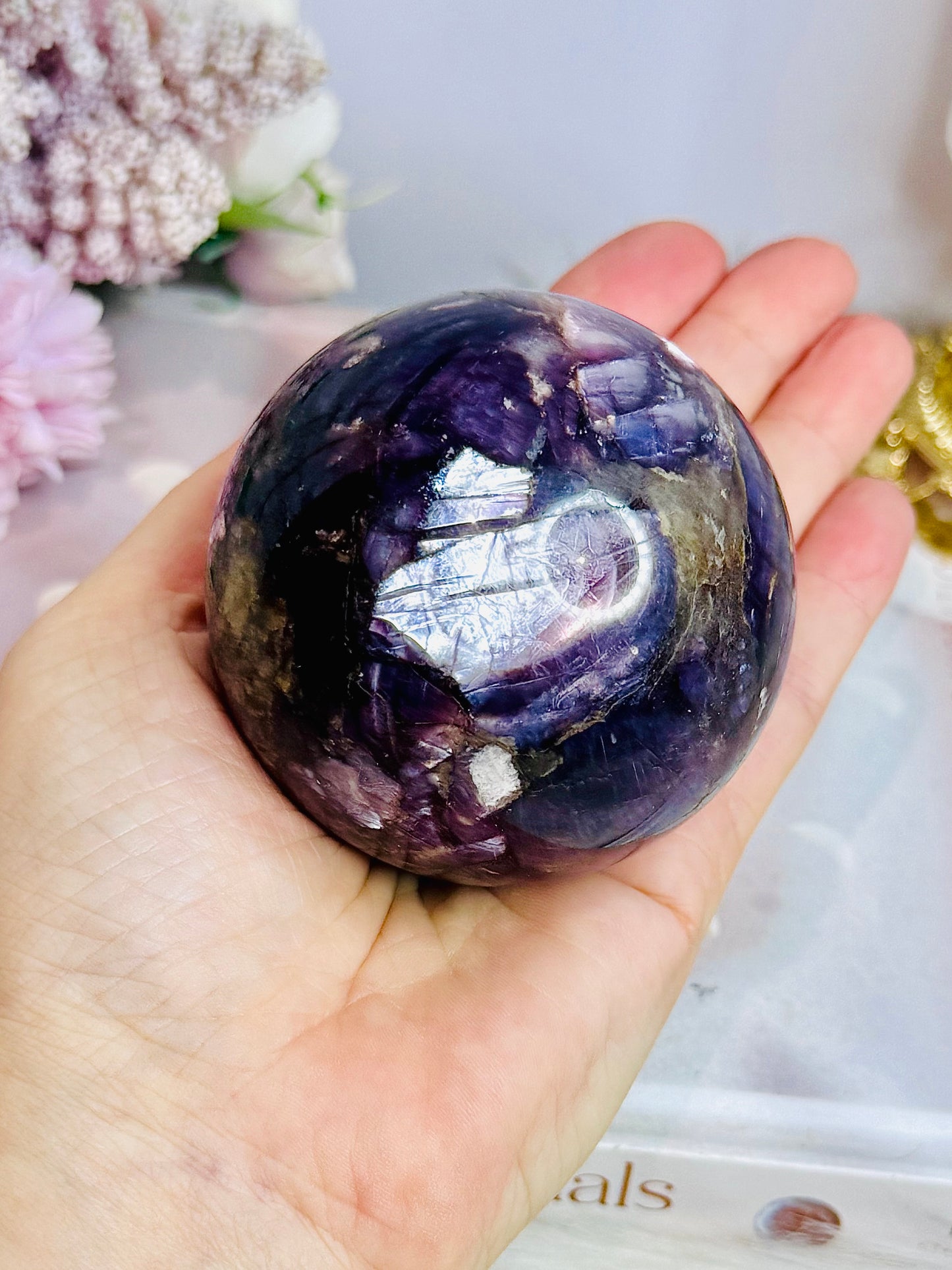Large High Grade Purple Mica Sphere 448g On Stand