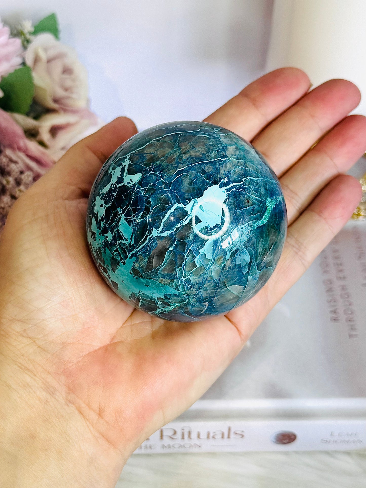 Absolutely Incredible High Grade Chrysocolla Sphere on Stand 399grams