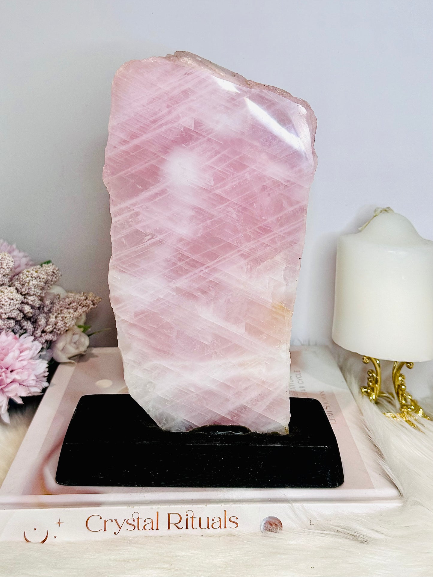 Natural Large Rose Quartz Chunky Slab on Timber Stand 1.53KG 24cm