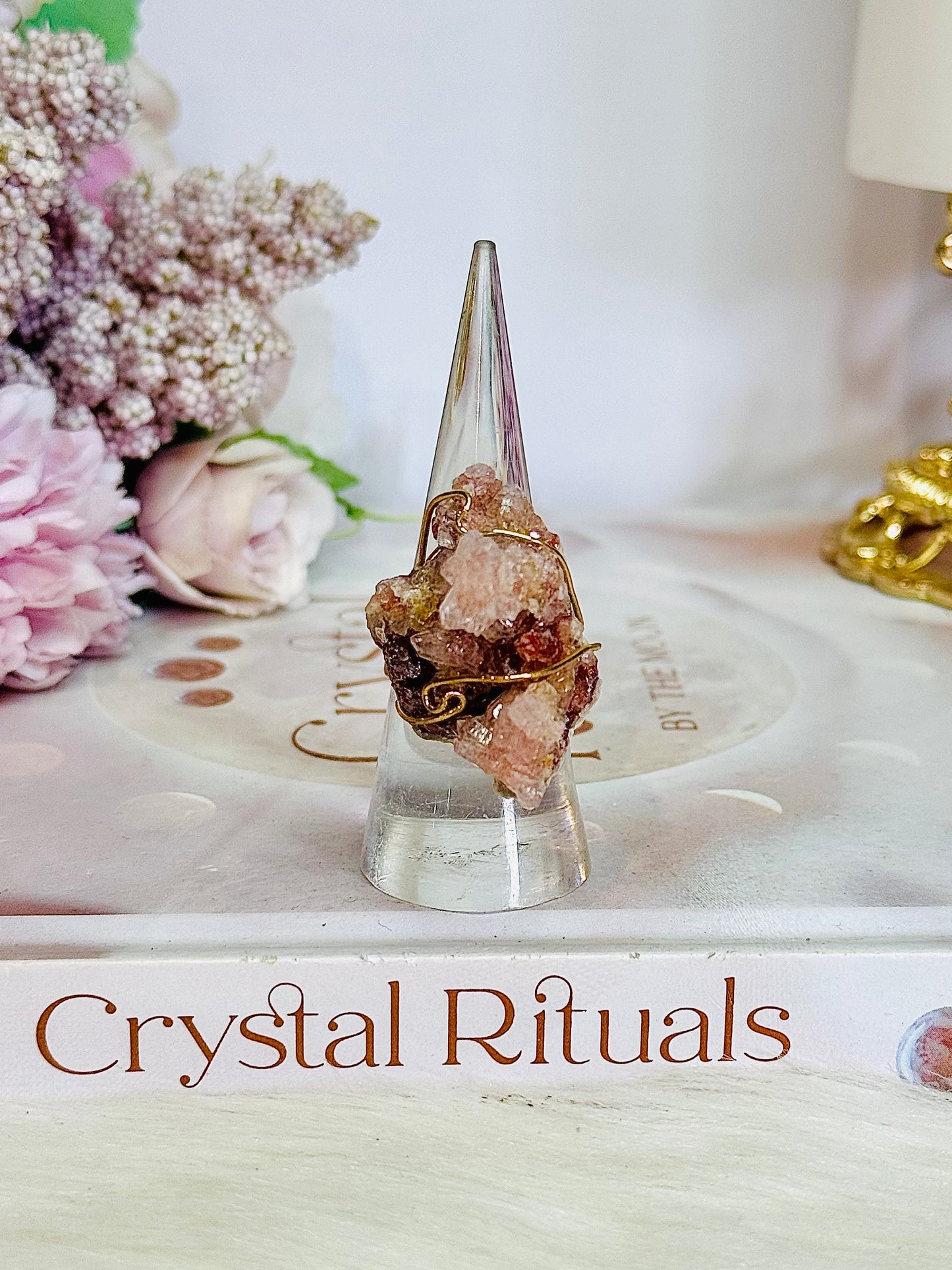 Pink Amethyst Cluster Gold Adjustable Ring In Gift Bag From Brazil