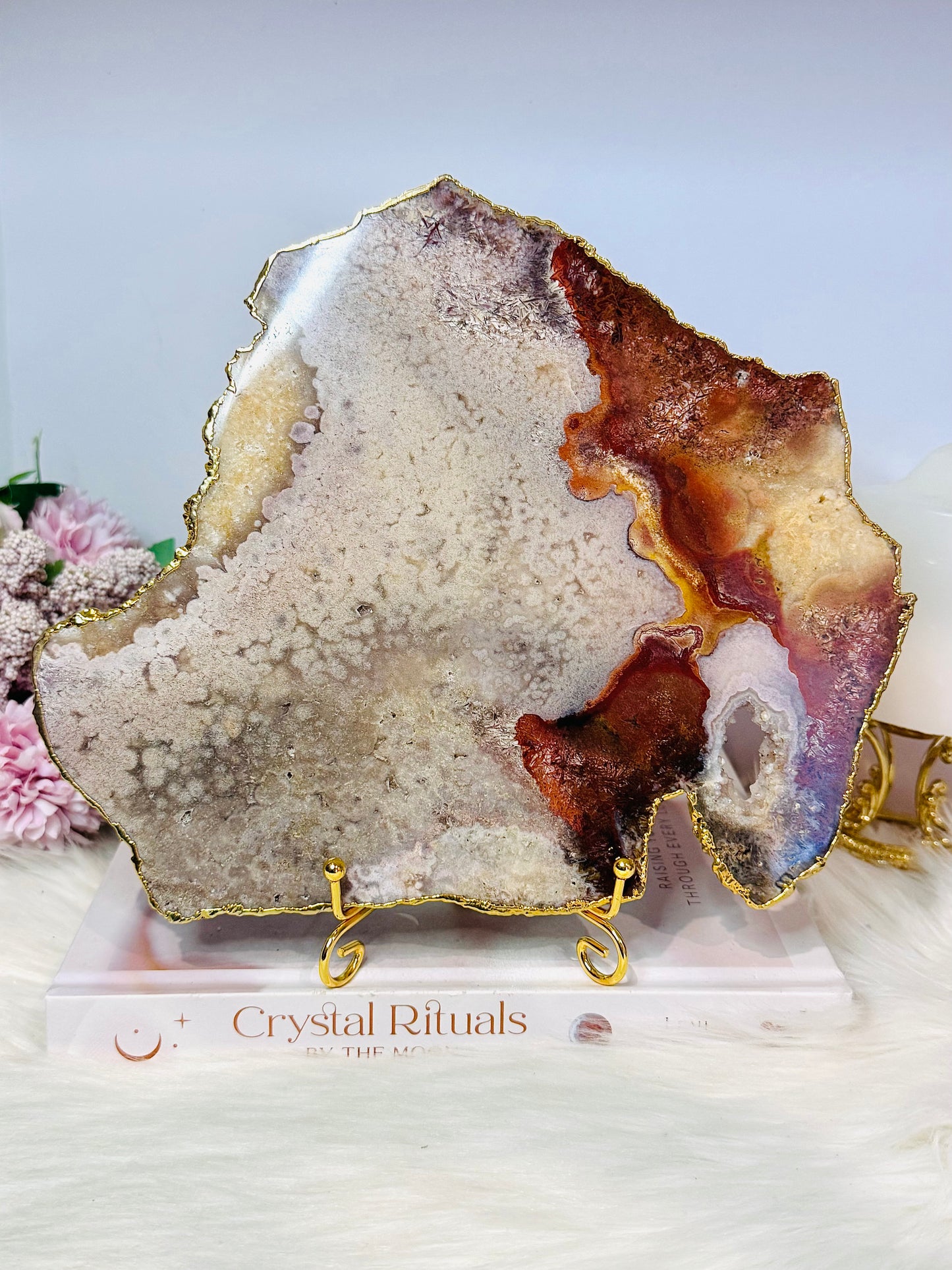 A Collectors Piece ~ High Grade Natural Pink Amethyst Druzy Slice | Slab with Gold Plating on Gold Stand 496g