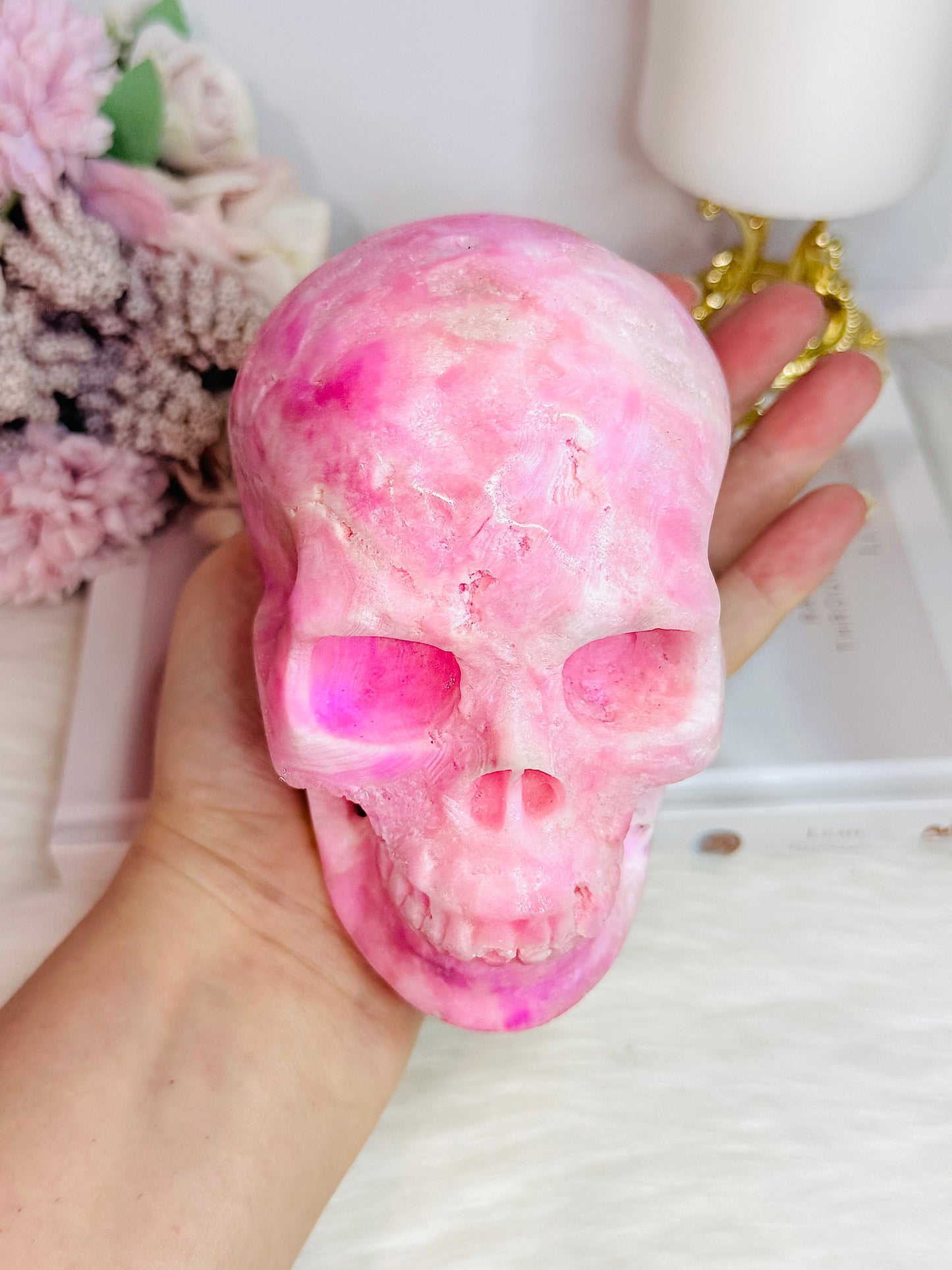 MASTERPIECE!! Absolutely Incredible Huge Natural Pink Oragonite Carved Skull 1.06KG 13cm