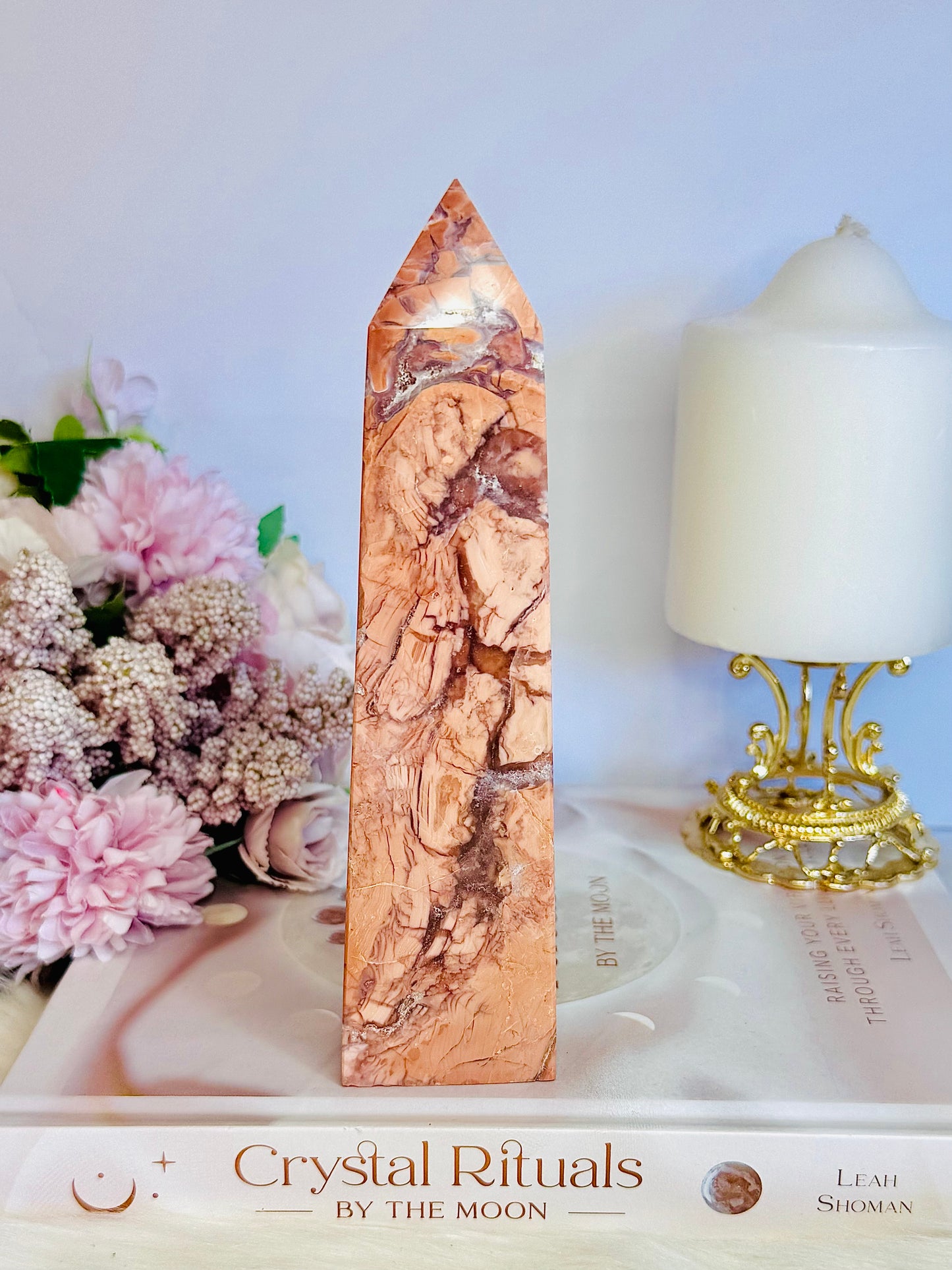 Gorgeous Large 16.5cm Natural Pink Cotton Candy Agate Carved Tower