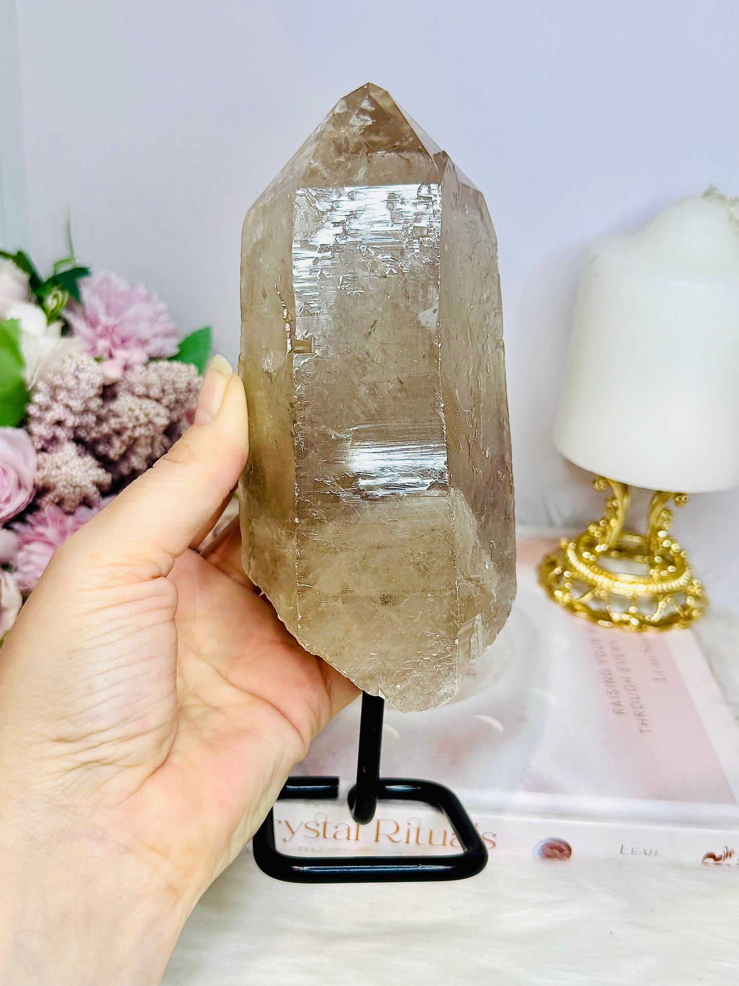 Large Natural Lemurian Smokey Quartz Tower | Freeform on Stand 21cm 1.01KG