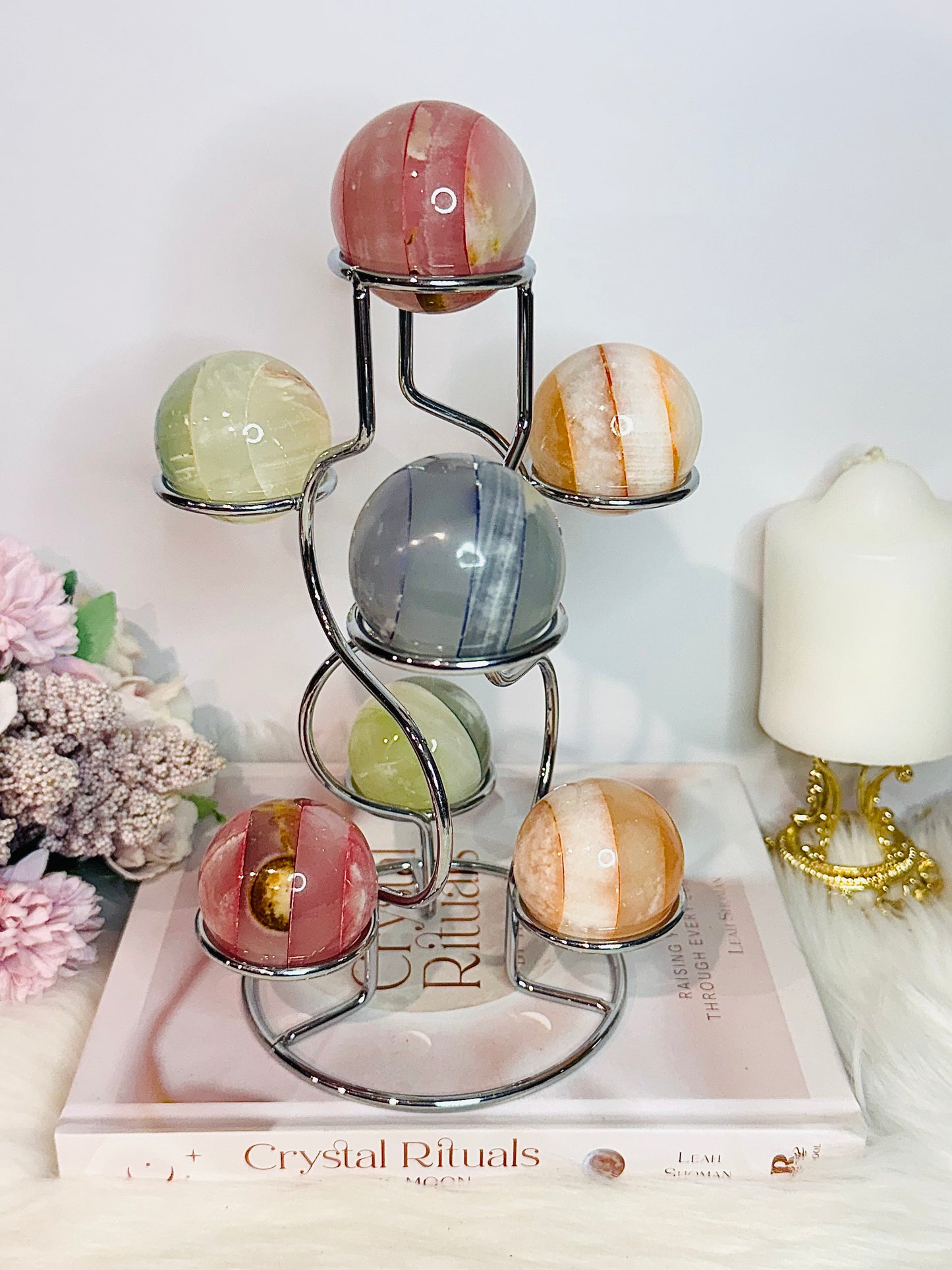 Colourful Large Silver Holder with Seven 7 Dyed Onyx Spheres