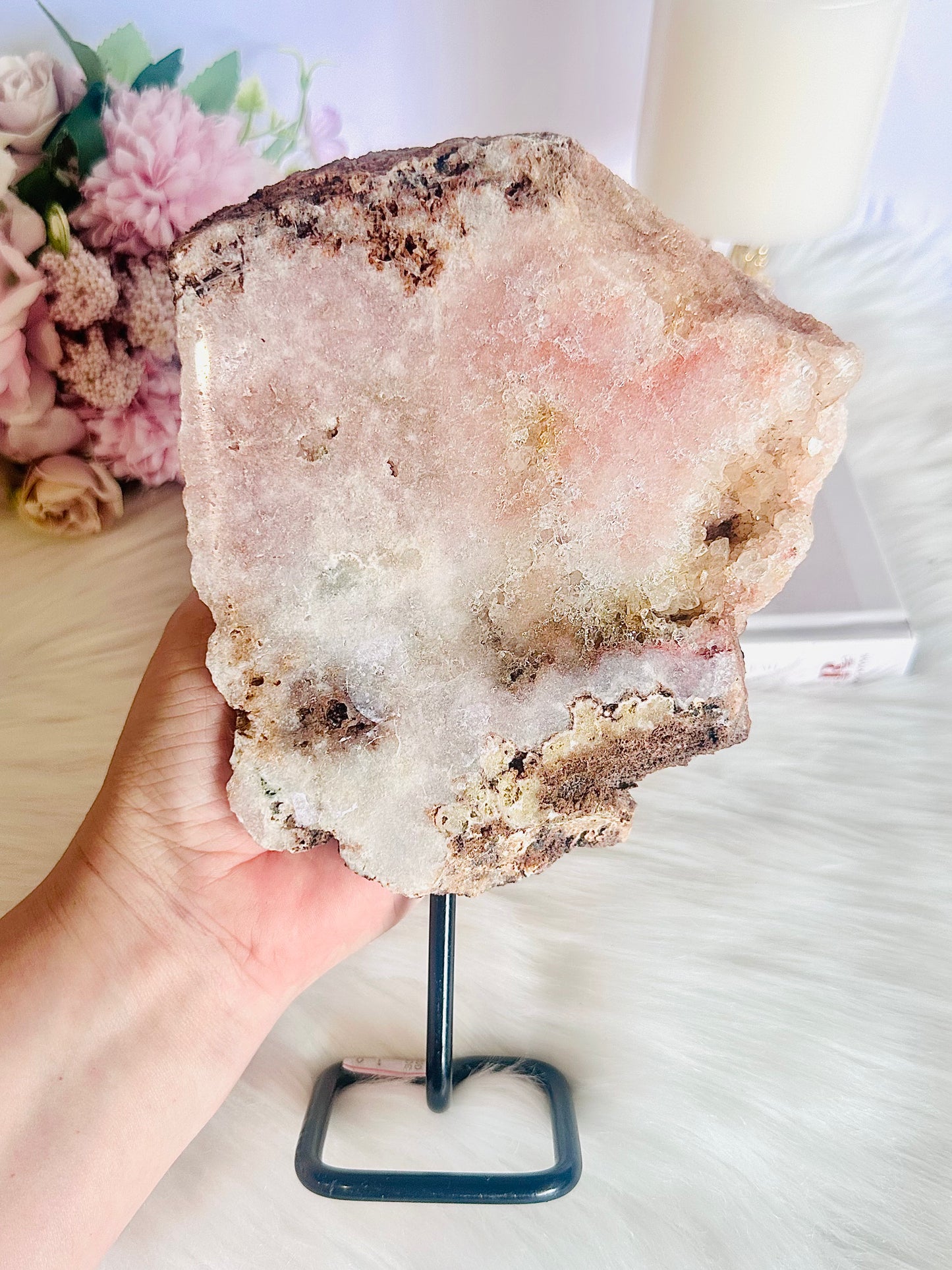 ⚜️ SALE ⚜️ Beautiful Large Chunky 22cm 1.09KG Pink Amethyst Druzy Slab On Stand From Brazil