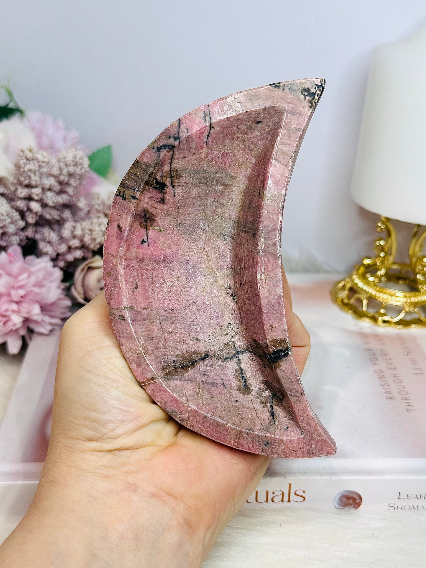 Large Rhodonite Moon Bowl 449g