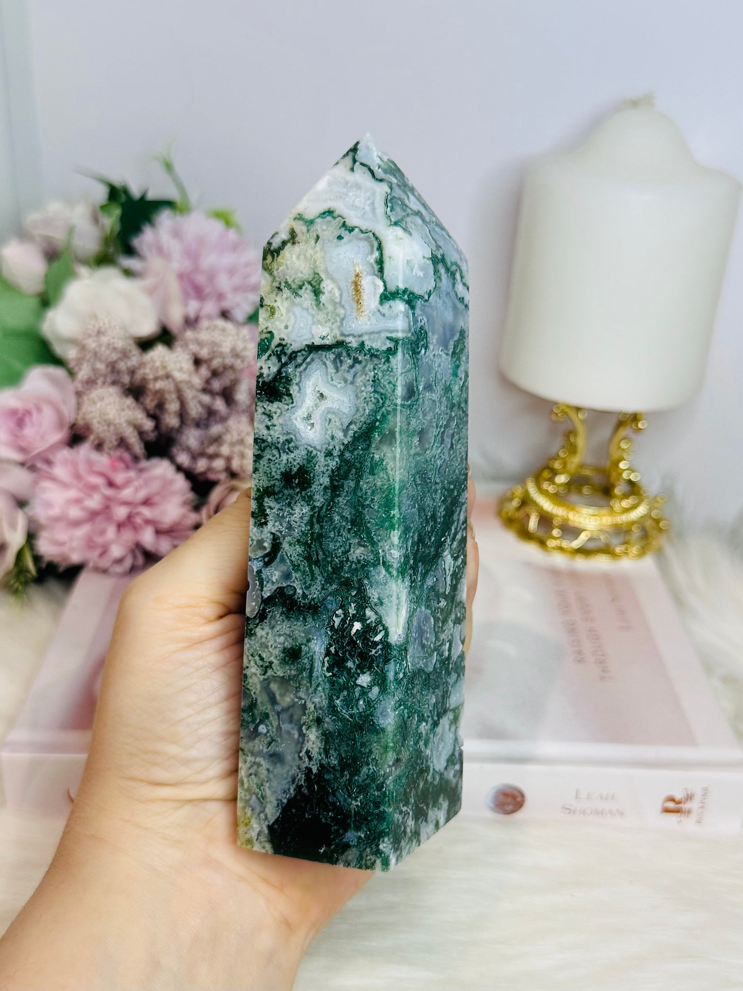Moss Agate Druzy Tower 15cm 430g