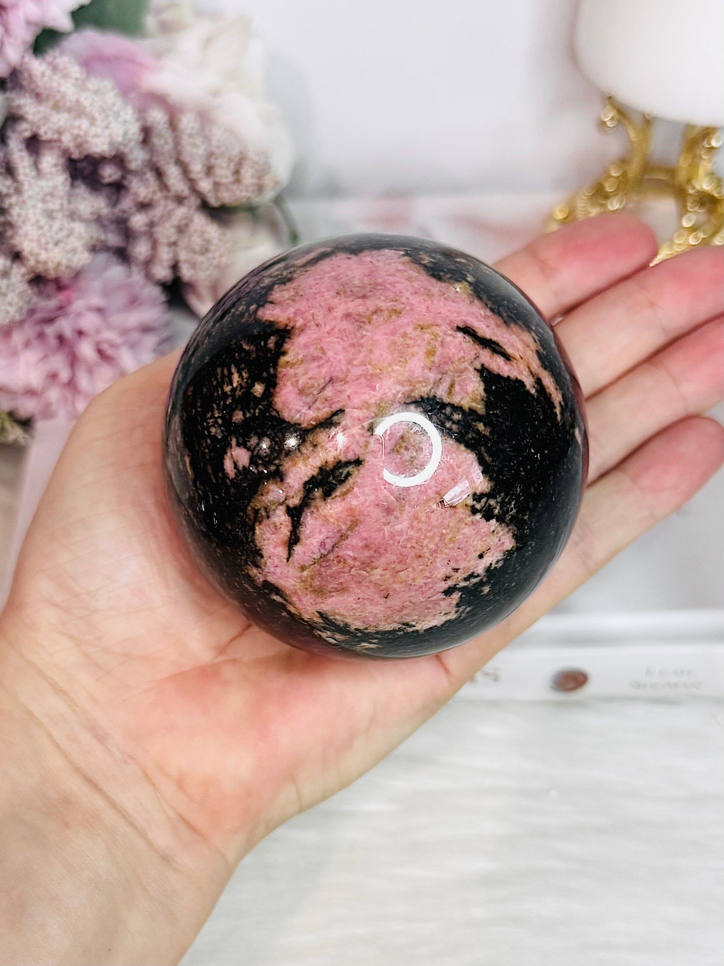 Large Rhodonite Sphere 798gram On Stand