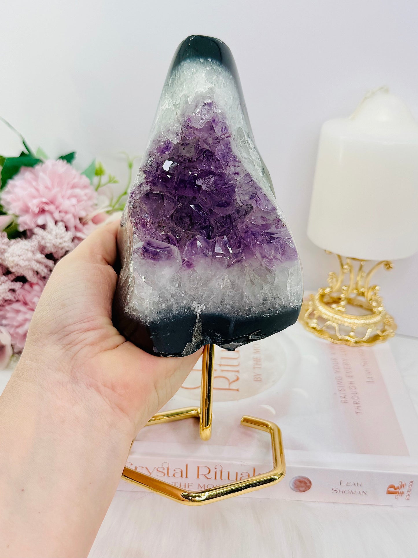 Large 20cm 1.1KG Natural Amethyst Agate Cluster Freeform on Gold Stand