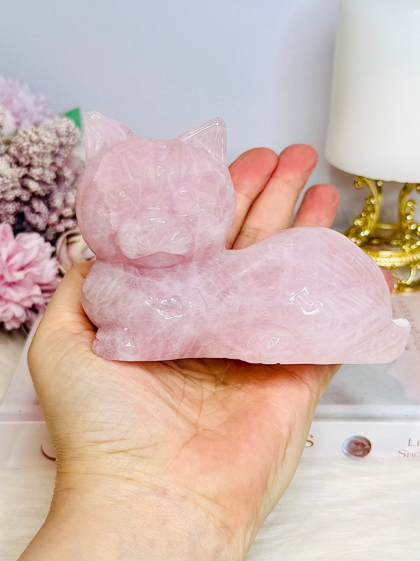 Large Rose Quartz Carved Cat 11cm 488g (Small Chip On Tail)
