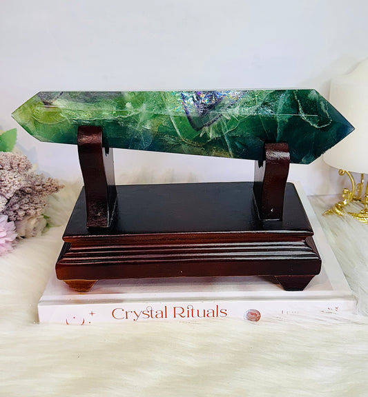 Huge Fluorite Double Terminated Point Full of Rainbows On Timber Stand 1.12KG 23cm