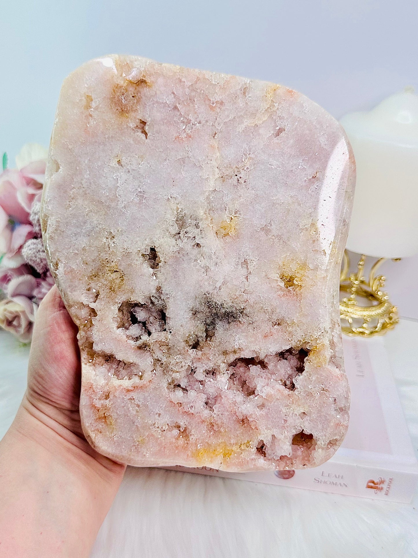 Huge 20cm Chunky 1.2KG Druzy Pink Amethyst Slab | Platter from Argentina On Stand