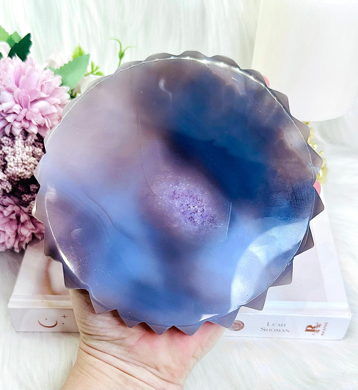 WOW!! Absolutely Phenomenal Gorgeous Large Amethyst Druzy Agate Sunflower Carving On Stand - 781grams 27cm Tall