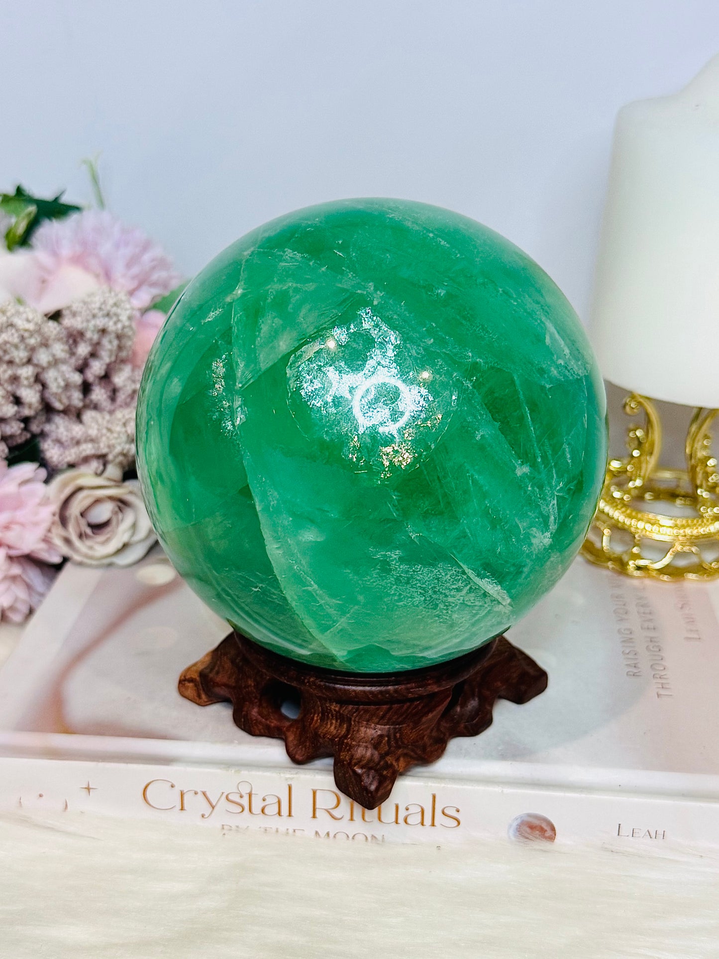 Huge High Grade Green Fluorite Sphere with Rainbows on Stand 2.4KG
